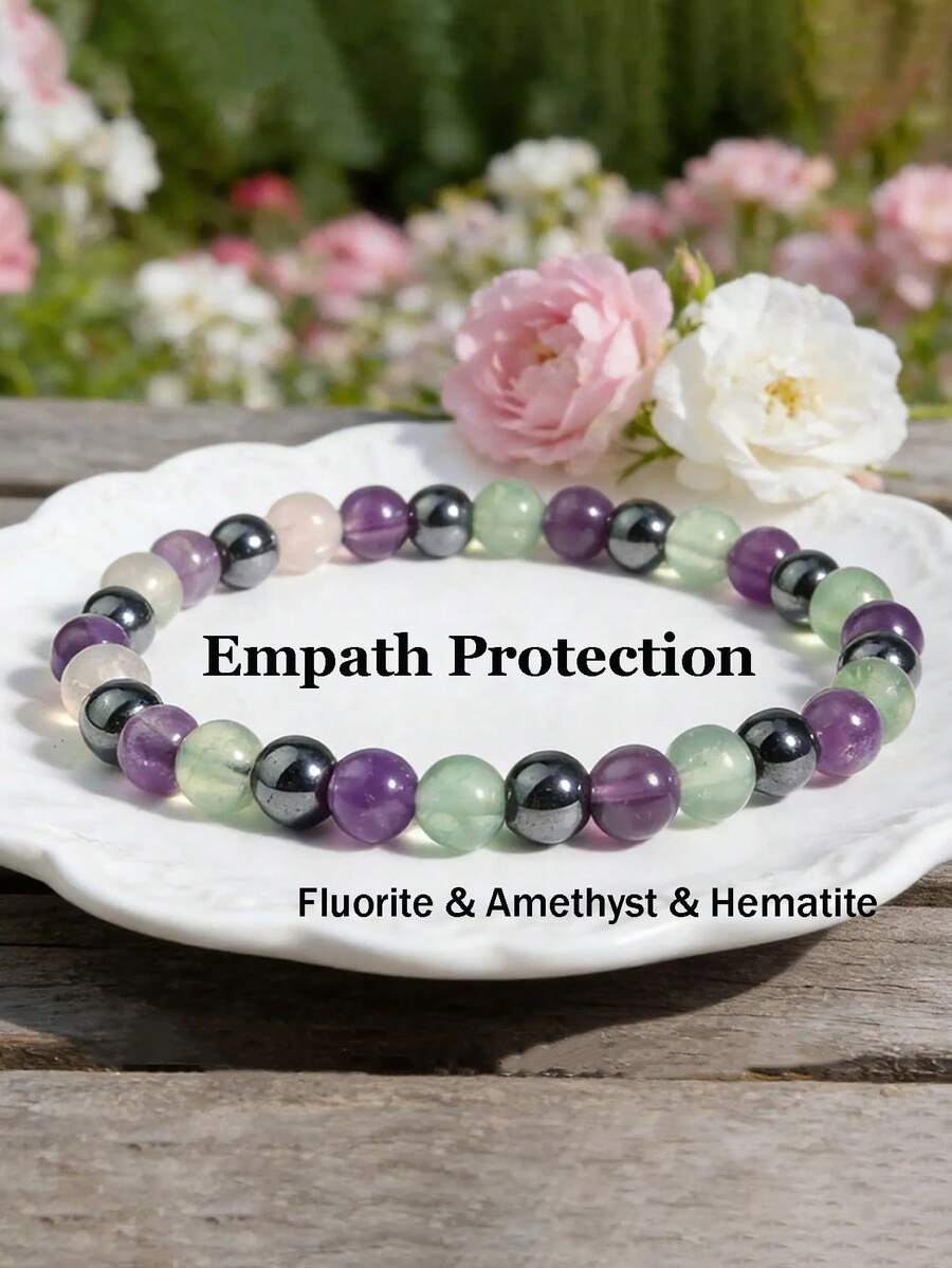 Natural Stone Empath Protection Bracelet, 6mm Amethyst Hematite Fluorite Triple Power Crystal Healing Bracelet, Confidence, Stress Relief, Spiritual Wisdom Yoga Meditation Jewelry - Multicolor - View 1
