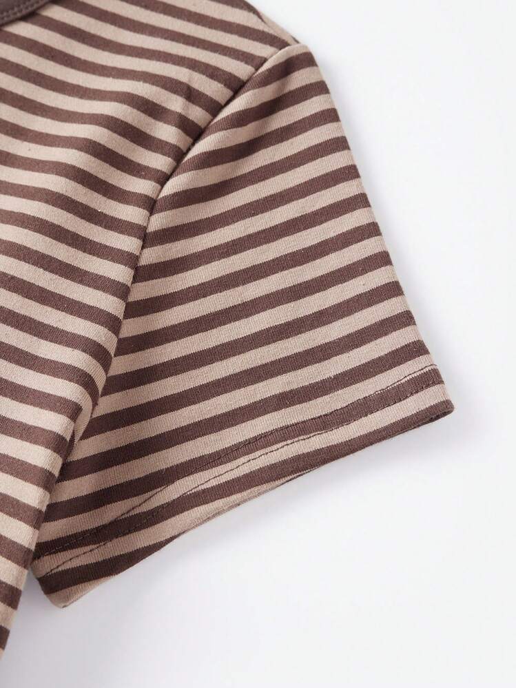 Women's Summer Short Sleeve Tops Fashion Striped Print Crew Neck T Shirt Streetwear - 淺棕 - 查看 8