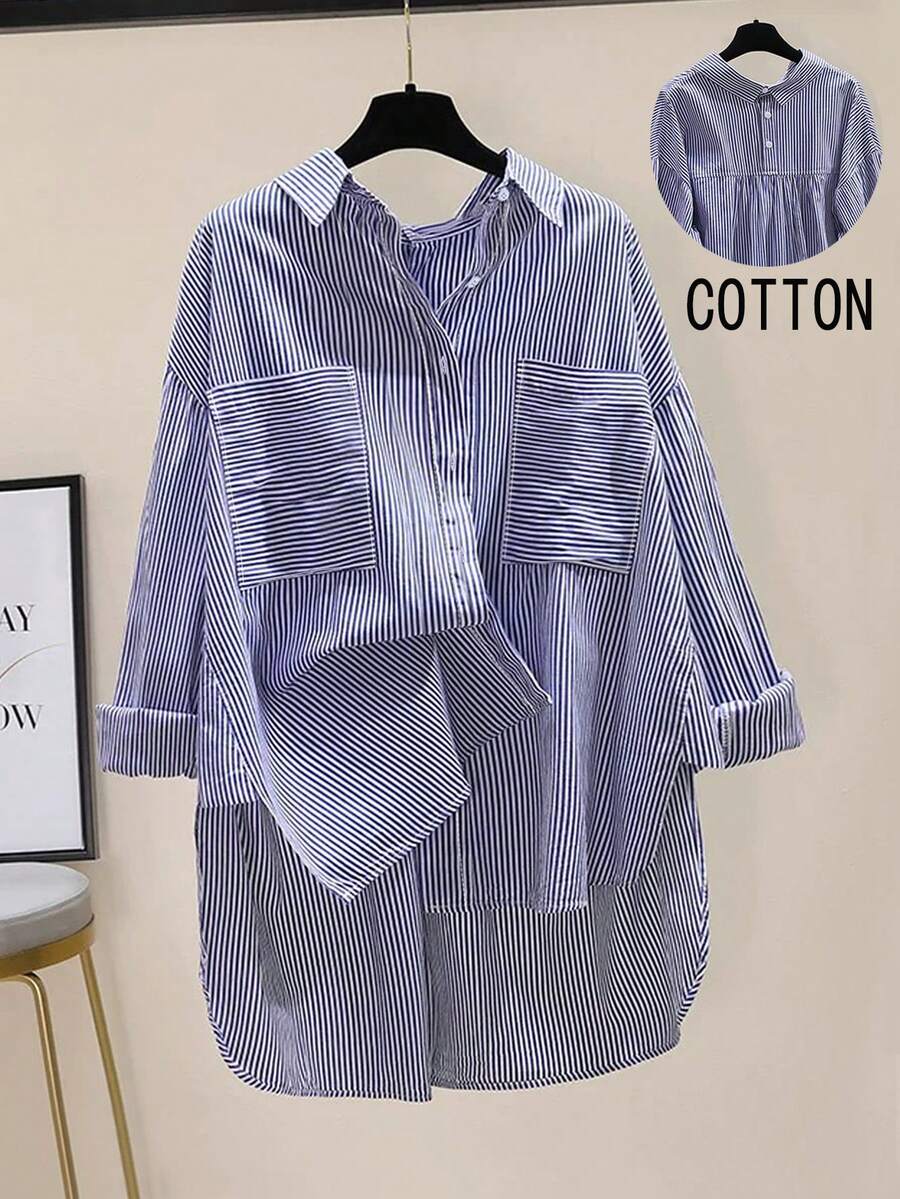 女士休闲棉混纺条纹前后开襟长袖衬衫，宽松版型，前短后长设计 - 藍白色 - 查看 1