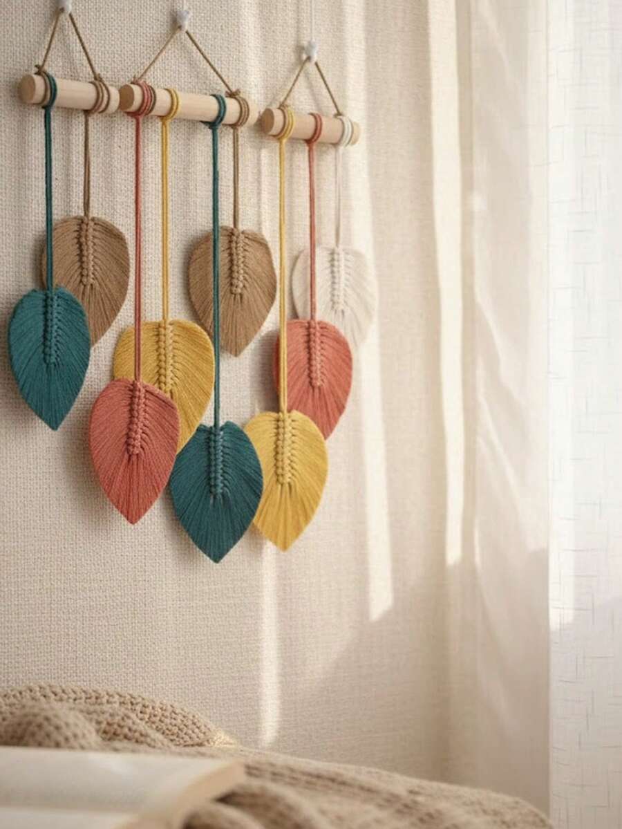 1pc Woven Leaf Wall Hanging, Boho Style Woven Feather Wall Tapestry 3 Pieces Set, Boho Woven Leaf Wall Decor, Boho Tassel Hanging Decoration, Suitable For Decorating Baby Room, Bedroom, Living Room And Dorm