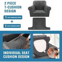 Trugenix-Sofa Cover 2 Piece T Cushion Armchair Slipcovers Velvet Couch Cover Furniture Protector Stretch T Cushion Sofa Covers For 1 Cushion Couch With 1 Individual T Cushion Covers, Deep Teal-GP - Neutral Gray - 查看 4
