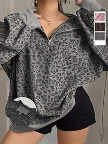 Women's Leopard Print Corduroy Collar Loose Fit Pullover Casual Sweatshirt Y2k,Women's Leopard Print Long Sleeve Zip-Up Drawstring Hooded Casual Loose Sweatshirt - 灰色*旗艦款 - 查看 2
