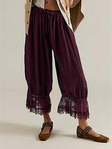 Bloomers Pants For Women Y2K Lace Trim Pants Vintage Pantaloons Cute Ruffled Pumpkin Long Pants Capri Pajama Bottoms - 酒紅色 - 查看 1