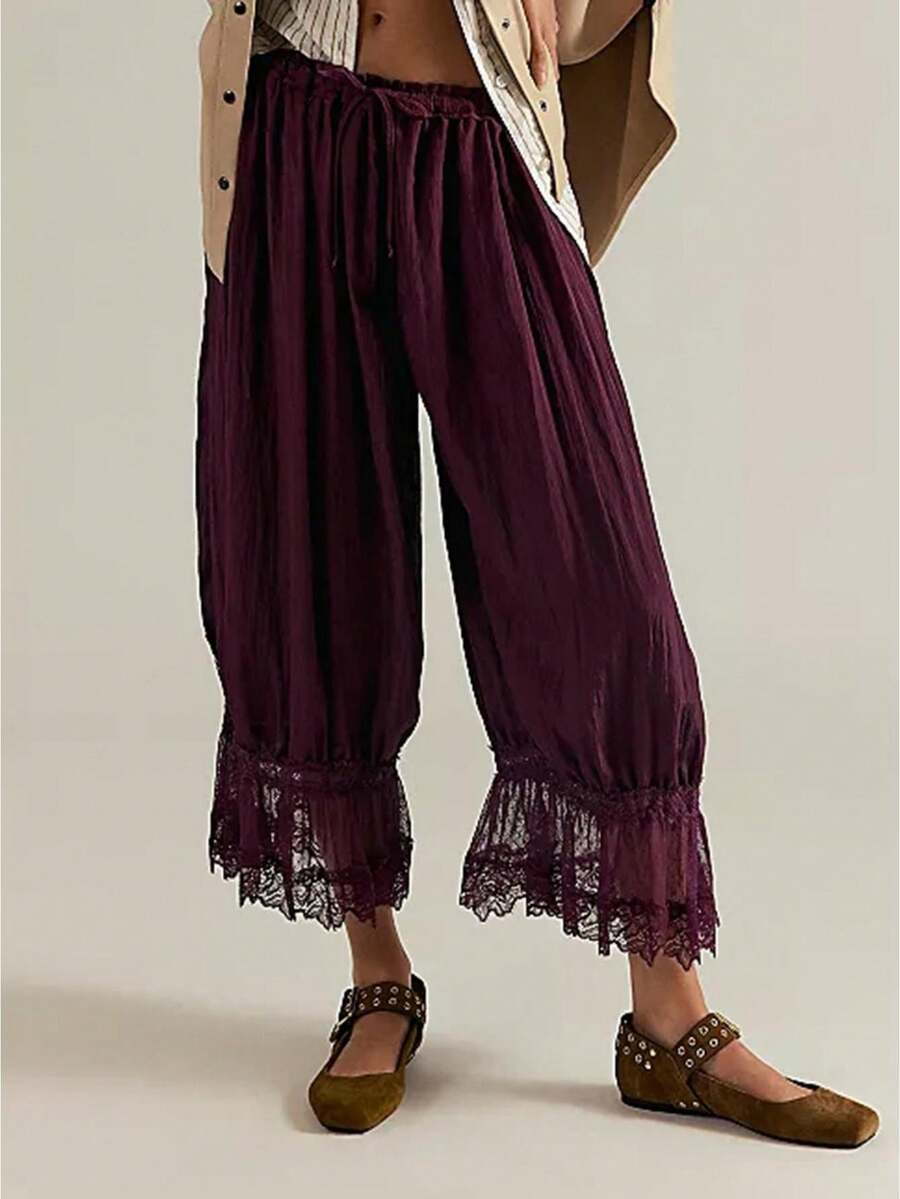 Bloomers Pants For Women Y2K Lace Trim Pants Vintage Pantaloons Cute Ruffled Pumpkin Long Pants Capri Pajama Bottoms - 酒紅色 - 查看 1
