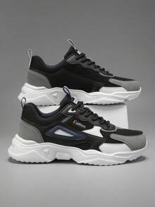 Men's Fashion Contrast Color Letter Pattern Leather & Mesh Patchwork Retro Chunky Sneakers, Lace-Up Soft Lightweight Comfortable Outdoor Reflective Jogging Shoes, Suitable For Couples All Seasons - Print - View 8