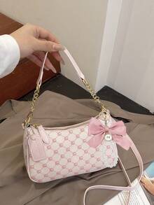 Brand New Fashionable High-Quality PU Material, Pink Bow Pendant Design, Metal Zipper Closure, Adjustable Metal Chain Strap On Top, Elegant And Stylish, Suitable For Shoulder, Handheld Or Crossbody, Perfect For Commuting, Outings, Shopping, Dates And Daily Activities For Girls - Pink - View 3