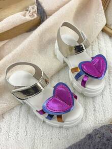 1 Pair Girls' Summer Sandals With Heart Decoration, Colorful Strap Design, Adjustable Ankle Strap For Daily Wear - White - View 3