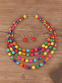 1 Set Handmade Multilayer Exaggerated Wooden Bead Necklace, Boho Style Bib Necklace For Women, Suitable For Beach, Party, Middle East Formal Occasions, Beautiful Jewelry Necklace & Earrings - Colorful - View 4