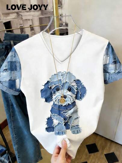 Camiseta de mujer LOVE JOYY de cuello en V y manga corta, cómoda, con lindo estampado de perro, adecuada para salidas casuales, fiestas y viajes en primavera/verano, top blanco