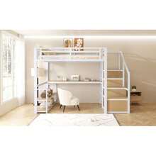 140*200 Metall-Hochbett Mit Aufbewahrungsleiter Mit Regalen Und Tisch, Sicherheitszaun-Design Mit Gespleißten Metallplanken, Hohes Eisenrahmenbett Mit Metallrahmen Für Stabile Unterstützung, White - White - View 1