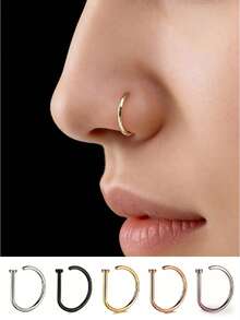 5-Piece Set Of Men's And Women's Fashionable 14K Gold-Plated D-Shaped Punk Style Non Perforated Nose Clip Stainless Steel Non Perforated Nose Ring Suitable For Teenagers To Wear - 5 cái/bộ - Xem 2