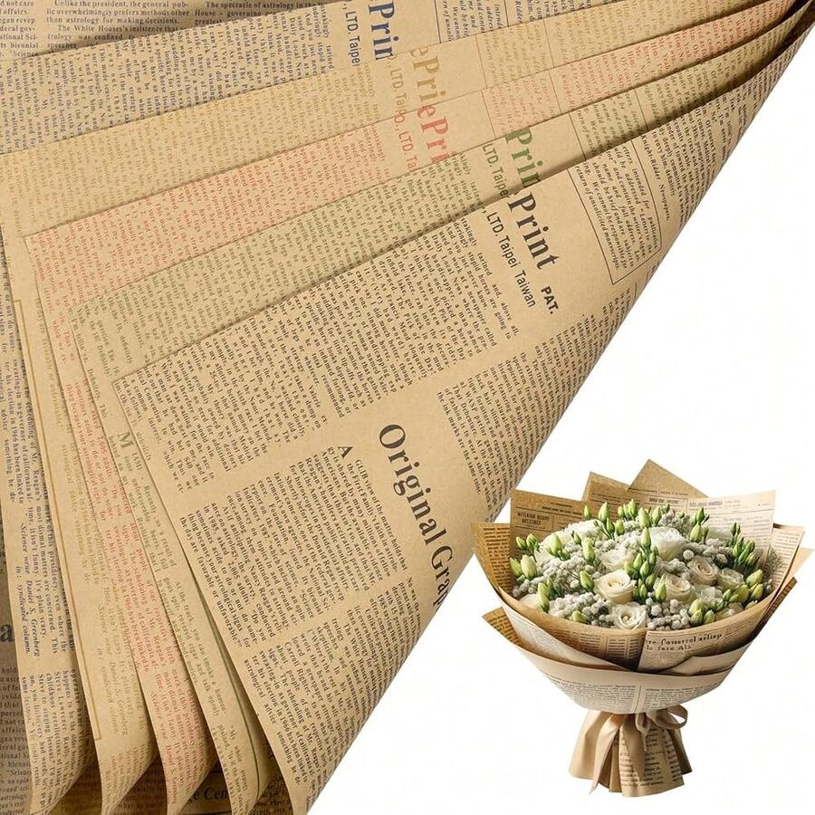 20 Sheets Kraft Newspaper Flower Wrapping Paper, Reversible Floral Bouquet Paper, Mix Color Font Kraft Newsprint Design For Birthday, Florist Supply, Wedding, Valentine's Day, Mother's Day - 混合 - 查看 1