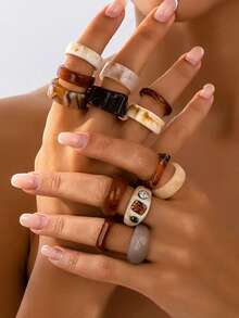 13pcs/Set Brown Toned Asymmetrical Multi-Element Rings, Gentle & Elegant Party Rings Set For Women, Suitable For Mother's Day, Valentine's Day, Daily Wear (Random Color) - Brown - View 3
