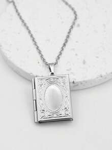 1pc Stainless Steel Square Book-Shaped Photo Locket Pendant Necklace For Men & Women