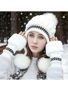 1set Women's Knitted Brimless Winter Ski Hat With Earmuffs And Fluffy Ball Gloves - Multicolor - View 11