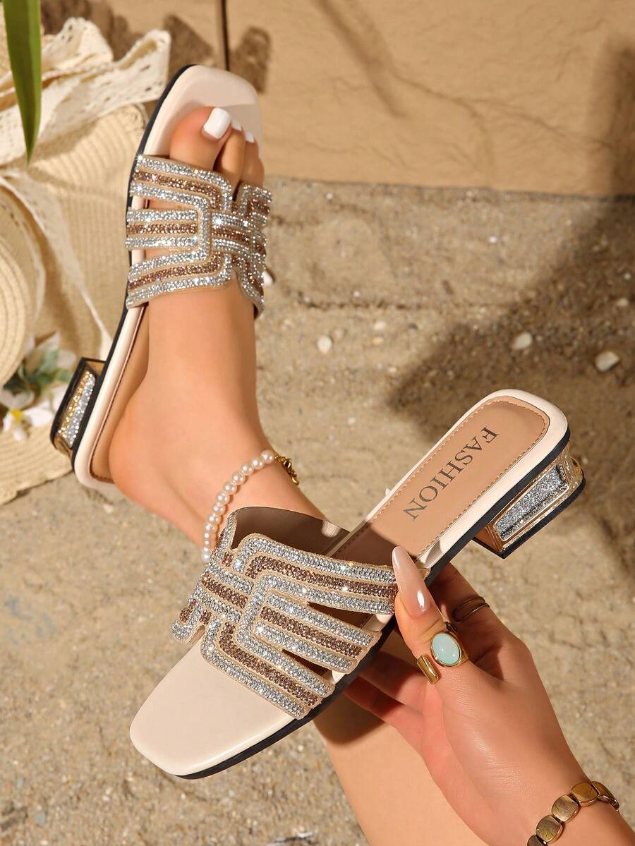 Women's Fashion Rhinestone Square Toe Anti-Slip Wedge Sandals, Geometric Design, Casual Daily Commute Versatile - Beige - View 1