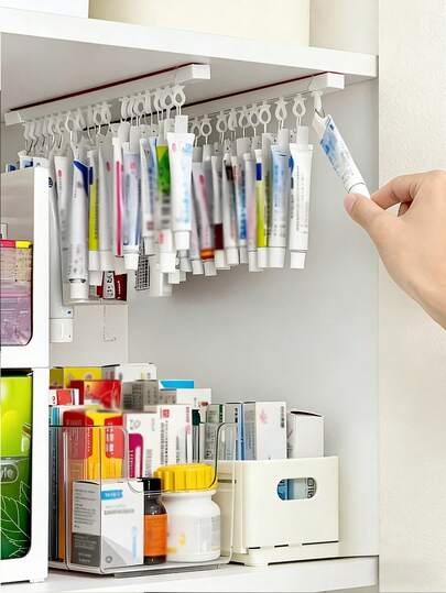 Thick Plastic Hanging Storage Rack With Pull-Out Sliding Track And Door Hanging Clips - Space-Saving Cabinet Organizer Rack With Reinforced Clips