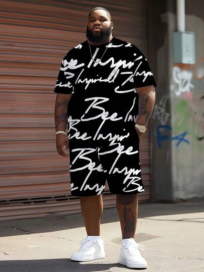 2pcs/Set Plus Size BIG&TALL Black Background White Handwritten "Be Inspire" Slogan All-Over Print American Street Style Casual Short Sleeve T-Shirt + Shorts Set Summer