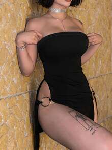 Women's Sexy Backless Summer Bandeau High Slit Round Ring Decor Short Dress, Suitable For Spring/Summer, Going Out, Dates, Parties/Galas, Nightclubs, New Year's Outfit, Black Mini Dress, Women's Birthday Outfit, Thanksgiving Women's Outfit, Cocktail Dress