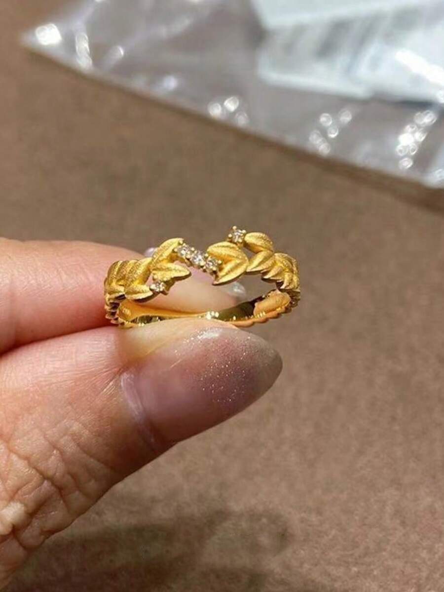rundraw 1枚花卉麦穗镂空锆石镶嵌优雅奢华铜金色开口戒指，女士款，适合斋月、开斋节聚会、派对、日常穿搭配饰，也是节日和周年纪念日送给朋友和爱人的最佳礼物。 - RING6967-1 - 查看 1
