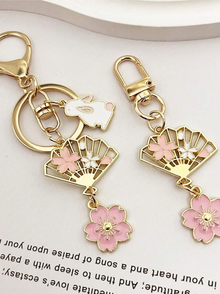 One Cute And Sweet Cherry Blossom Fan Keychain, Key Ring, Bag Pendant Accessory Gift - 珍珠 - 查看 1