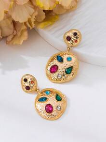 1 Par de Brincos Pendentes Geométricos Redondos Assimétricos Dourados com Textura, Decorados com Gemas Coloridas Luxuosas e Personalizadas, para Mulheres - Ouro amarelo - Visão 4