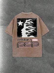 Worn-Out Washed Men's Short-Sleeved Shirt, Featuring A Pink Meteor Flame Human Face Silhouette Pattern In Letters On A Double-Sided Print, Retro Casual Loose Men's T-Shirt, Comfortable And Versatile Men's Clothing - 咖啡棕 - 查看 3