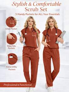 2 piezas Conjunto de uniforme de scrubs de unicolor con top de cuello en V de manga corta y pantalones con bolsillos - Naranja Coral - Ver 3