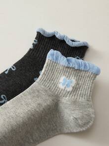 5 Pairs Women's Socks, Gray-Blue, Lace Trim Ankle Socks, Delicate Bowknot Pattern, Ruffle Edge, Romantic Style - Multicolor - View 5