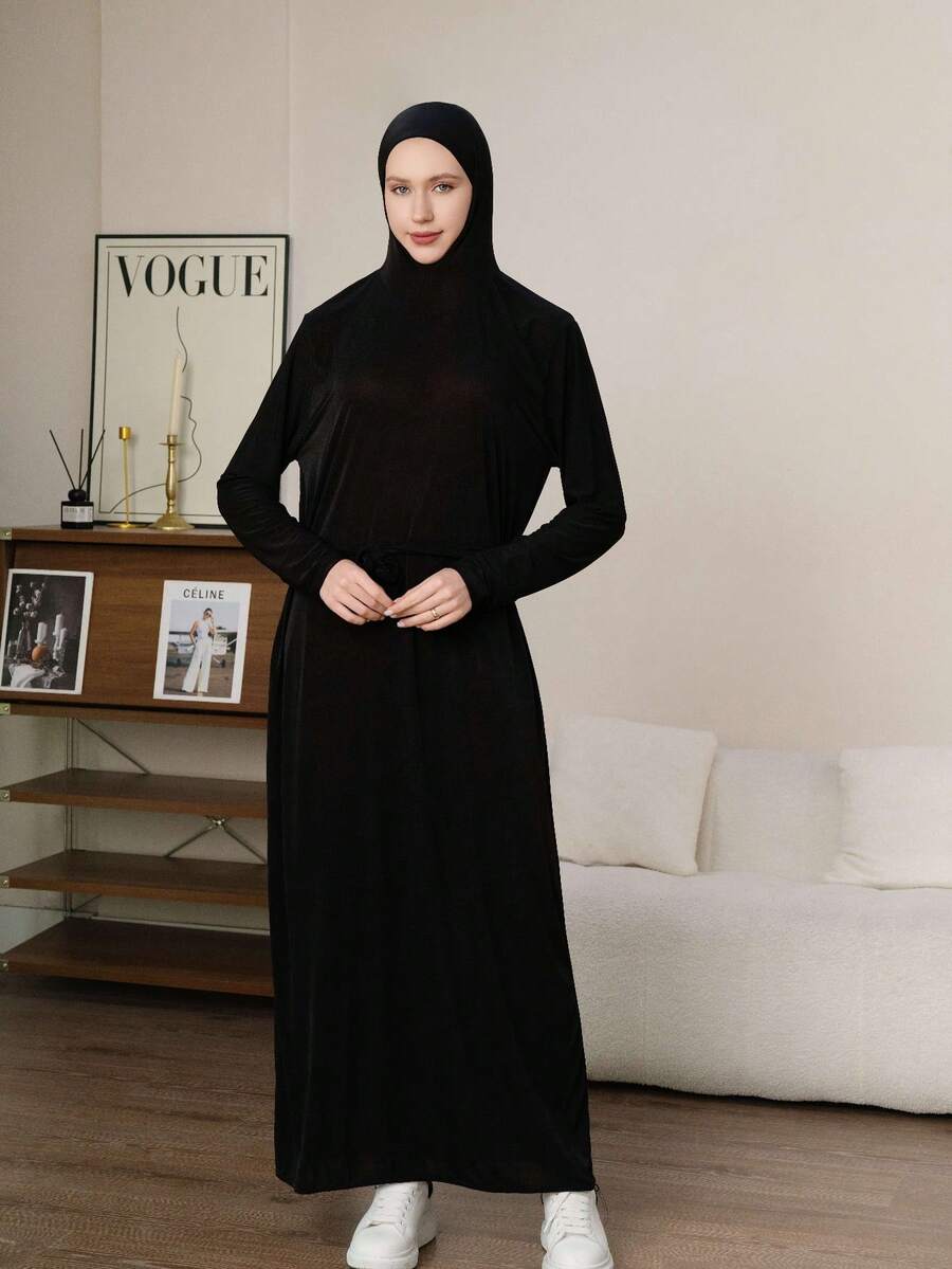 1 pezzo Vestito lungo nero minimalista taglie forti, abbigliamento quotidiano comodo per donna, tessuto morbido con design con cappuccio, adatto al comfort e al codice di abbigliamento religioso, adatto per uscite quotidiane, occasioni di svago, vita regolabile per diverse fisicità, stile minimalista facile da abbinare con le scarpe, accessorio pratico essenziale per donna, adatto per l'uso quotidiano e le occasioni festive, elegante primaverile - nero - Visualizzare 1