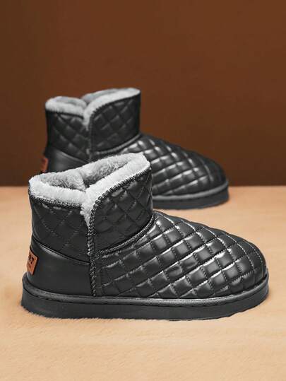 รองเท้าบูทหิมะบุขนหนาสำหรับผู้ชาย, รองเท้าบูทข้อเท้าอุ่น, แฟชั่นเกาหลี รองเท้าบูทส้นหนาอเนกประสงค์, รองเท้าหิมะหนังใส่ในร่ม/กลางแจ้ง