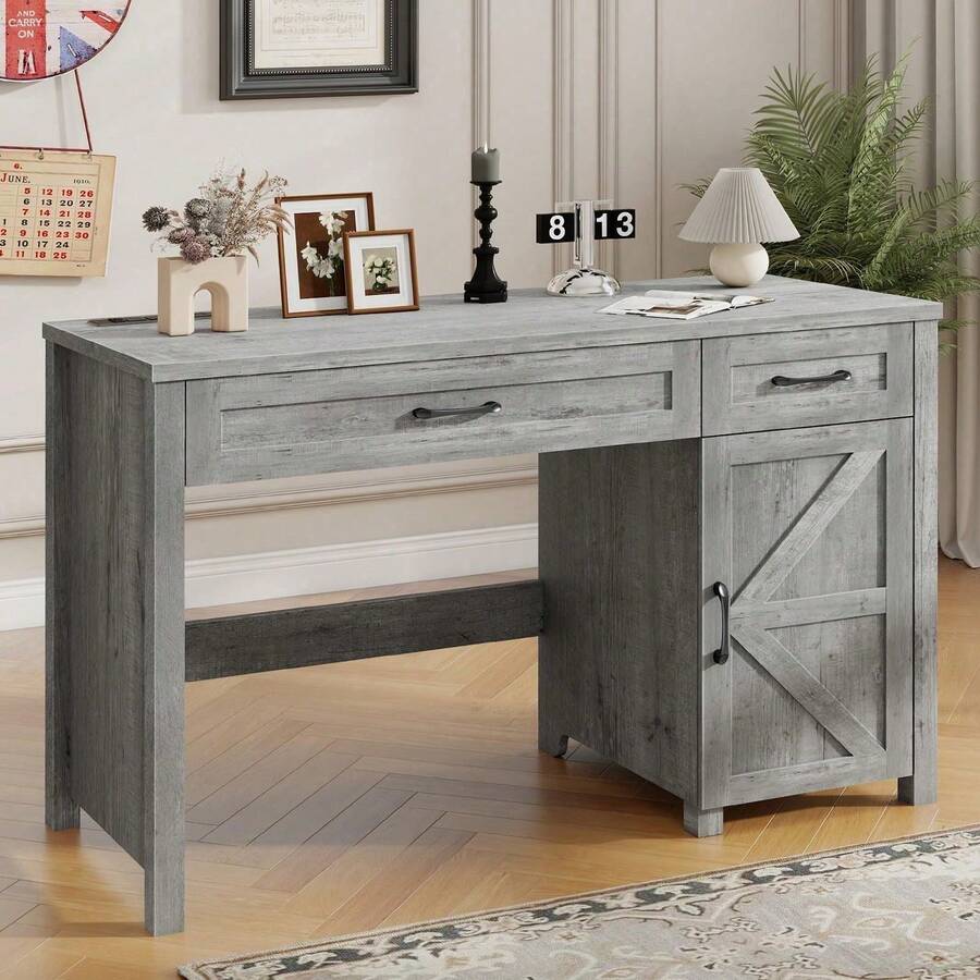 Vabches Farmhouse 47" Executive Desk - Rustic Wooden Computer Desk With Drawers & Storage Cabinet, Sturdy Workstation For Home Office & Study, Practical Office Desk With Ample Storage For Work Supplies. - 查看 1