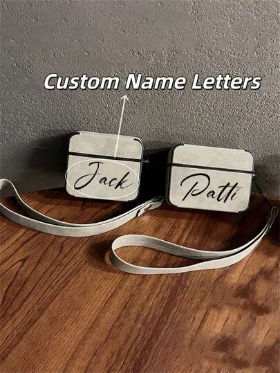 [Customized]Personalized Custom Luxury Name Letter Customized Cover Compatible With Airpods 1 2 3 4 Pro 2 Pro 3 Simple Solid Color With Wristband Cover Anti-Drop Earphone Case