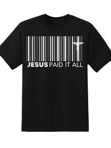 Men Jesus Paid It All Barcode Christian T-Shirt Religious Faith Statement Tee Church Wear Gospel Message Shirt Spiritual Gift For Him,220g - Black - View 3