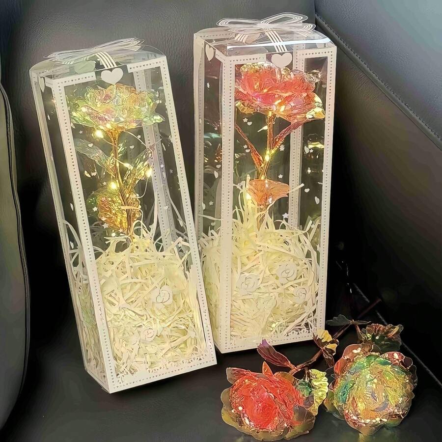 1支彩色发光玫瑰，人造花束，永不凋谢的花卉装饰，多色塑料假花，仿玫瑰，送给女性的礼物，母亲节礼物，情人节礼物，生日/婚礼派对，家居装饰 - 彩色 - 查看 1