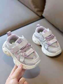 1 Pair Kids' Breathable Mesh Chunky Sneakers, Unisex Children Hook And Loop Sports Shoes, Lightweight Soft Bottom Casual Shoes, New Versatile Kids Footwear - Pink - View 3