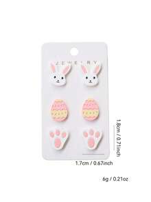 3 Pairs Acrylic Faux Soft Clay Painted Carved Rabbit & Easter Egg Stud Earrings Set, Cute Holiday Gift, Party Earrings - Easter Three Piece Set - View 5