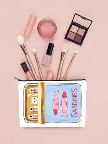 Vintage Sardine Fish Pattern Unisex Cosmetic Bag, Large Capacity Foldable Spacious Zipper Pouch, Travel Essential Lightweight Small Item Storage Bag, Portable Handheld Bag, Multi-Function Coin Purse, Toiletry Bag, Pencil Case, Makeup Brush Bag, Women's Daily Carry-On, Suitable For Commuting, Vacation, Business, Fitness And Outdoor Use