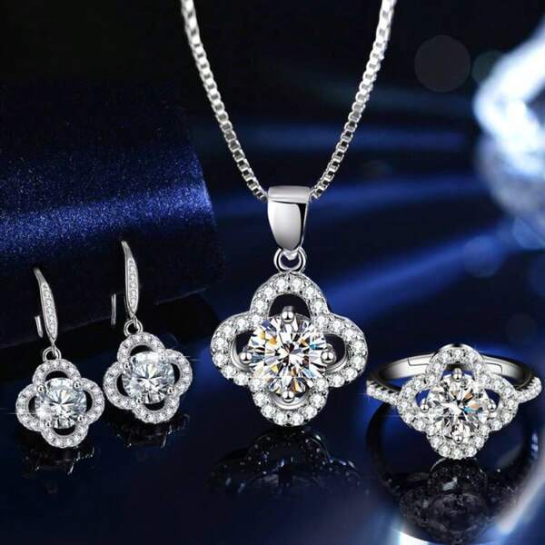1 Carat Moissanite Necklace, 1 Carat Moissanite Ring, 1 Carat Moissanite Earring Stud Pendant, 4-Leaf Clover 3 PiecesJewelry Set, Jewelry, Valentine's Day Gift