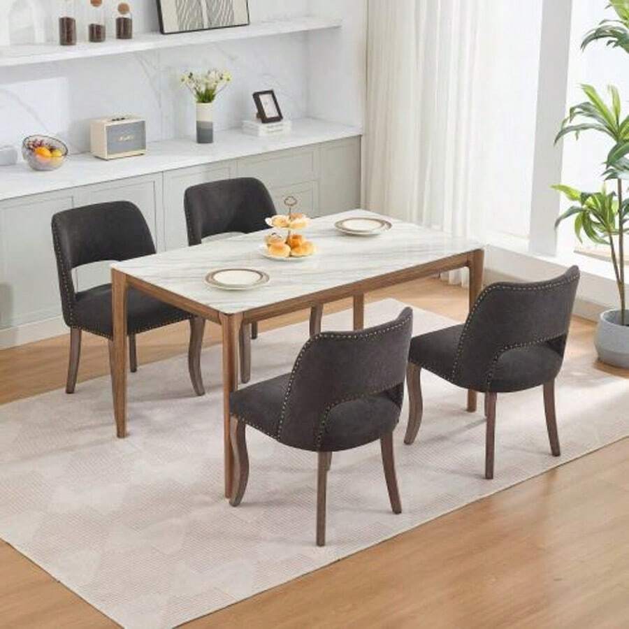 Set Of 2 Wooden Dining Chairs, Modern Fabric-Upholstered Kitchen Chairs, Country Style, Black, DE1870BK - Black - View 1