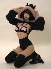 Black Cat Cosplay Set For Women – Furry Hooded Kitty Ears Knit Bodysuit With Bikini Top & Bottom, Wrist & Ankle Rings, Socks, Fluffy Thick Material, Two-Piece Cute Anime Costume For Photoshoots & Events - màu đen - Xem 10