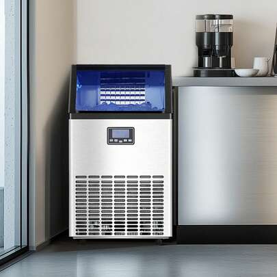 Máquina de hielo comercial, máquina de hielo de 100lbs / 24H con capacidad de almacenamiento de 33lbs, 45 cubos de hielo en 15 minutos, pantalla digital led Autolimpieza independiente para bar oficina restaurante