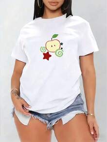 Creative Cute Apple Star Print T-Shirt, Tight Short Sleeve Round Neck Casual Top, Summer And Spring, Women's Clothing, Pure Cotton Machine Washable - trắng - Xem 1