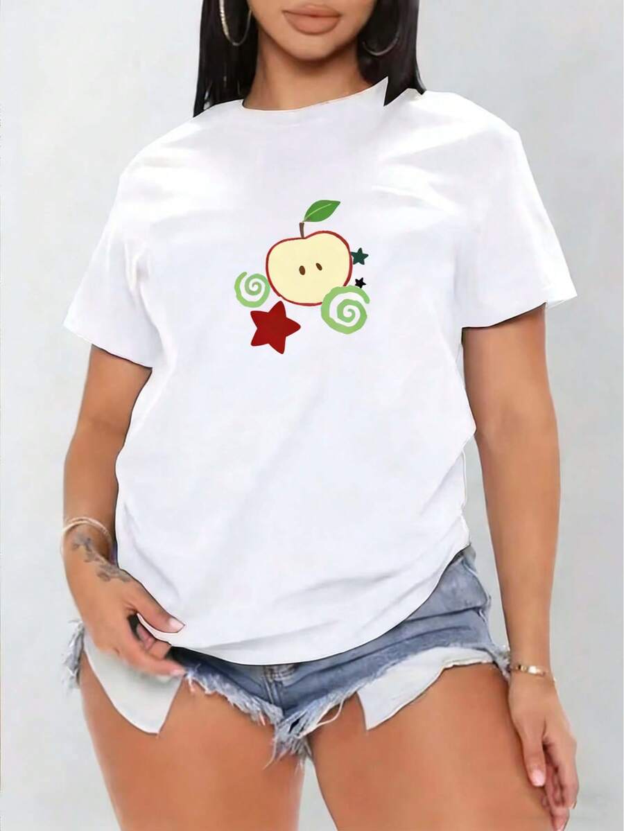 Creative Cute Apple Star Print T-Shirt, Tight Short Sleeve Round Neck Casual Top, Summer And Spring, Women's Clothing, Pure Cotton Machine Washable - trắng - Xem 1