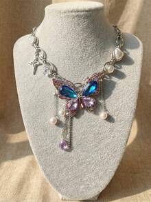 1件Y2K蝴蝶项链，复古蓝紫色精致梦幻颈链，适合派对、度假、送礼和日常佩戴 - 藍色 - 查看 2
