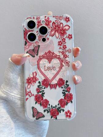 1个情人节爱心花朵图案透明防震手机壳，TPU材质，可用作节日礼物收纳照片/卡片，兼容苹果XS/XS Max/XR/11/12/13/14/15/16 Pro/Pro Max/14/15/16 Plus/17