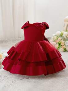 Baby Girls Sleeveless Backless Bow Mesh Satin Elegant Flower Girl Dress For Wedding, Party, Birthday, No Headband - Burgundy - View 5