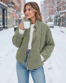 Womens Winter Dolman Long Sleeve Full-Zip Quilted Warm Coat Outerwear, Fashionable Winter Wear 8H7T - Beige - View 6