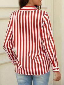Contrast Color Block Striped Button Front Women Shirt, Loose Striped Blouse For Women Slimming Vintage Niche Versatile Top, Suitable For Daily Life And Valentine's Day - Đỏ - Xem 3