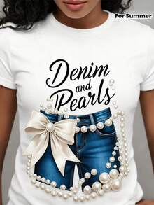 Women's Plus Size Casual T Shirt For Denim & Pearls T-Shirt With Fringe-Like Bow Tie Graphic Vintage Printed Short Sleeved Tee Spring/Summer/Fall T-Shirt Round Neck Comfortable Top Suitable For Daily Wear Vacation Outdoor Clothing - 白色11 - 查看 1